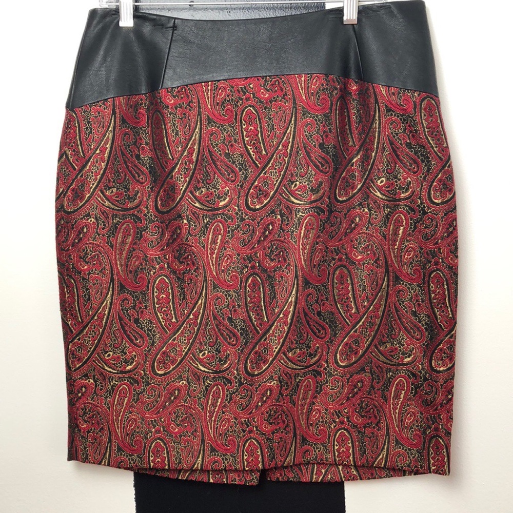 Vegan leather & paisley skirt.